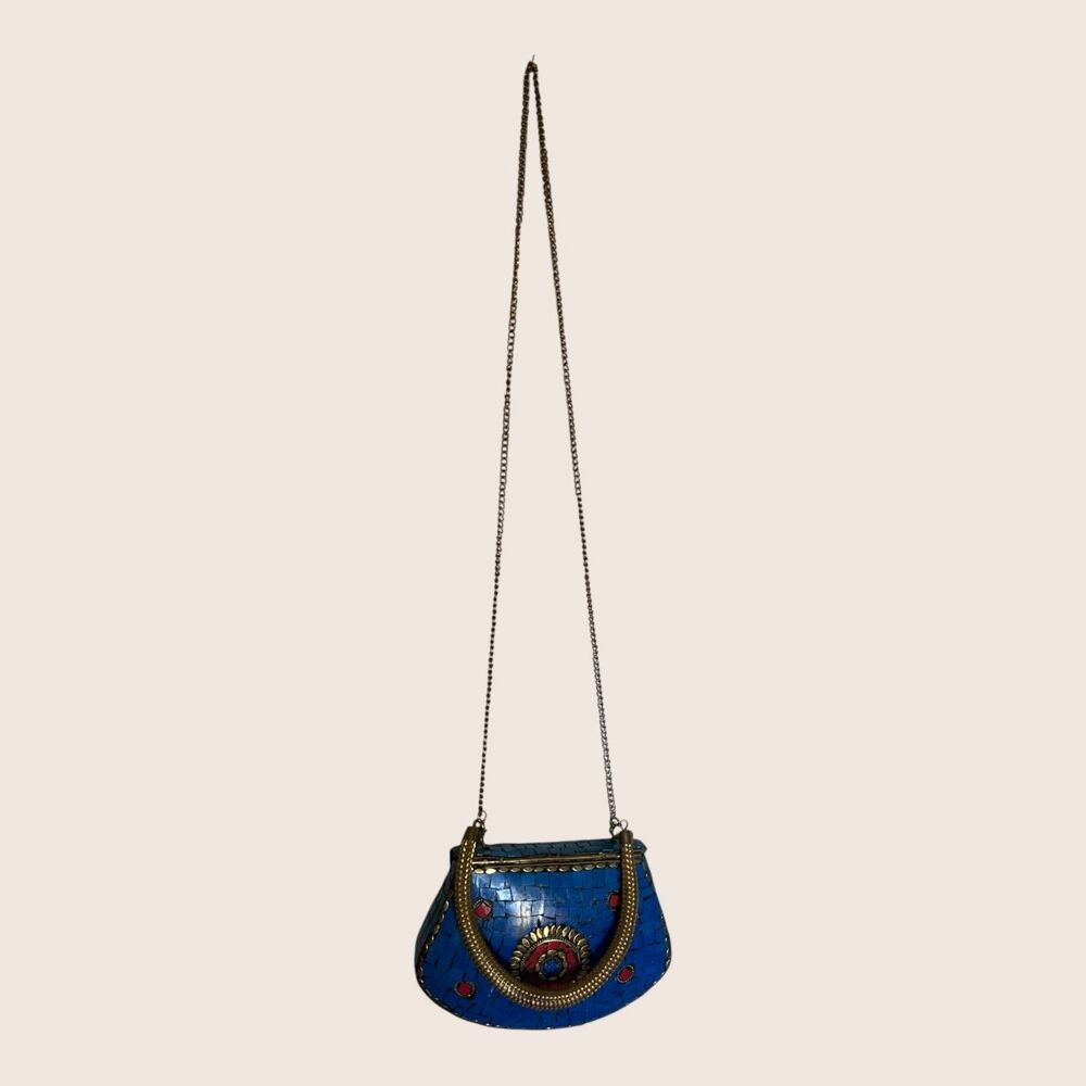 💙 VTG HIMALAYAN TIBETAN HANDMADE MOSAIC CLUTCH DETACHABLE SHOULDER CHAIN BLUE - Picture 11 of 11